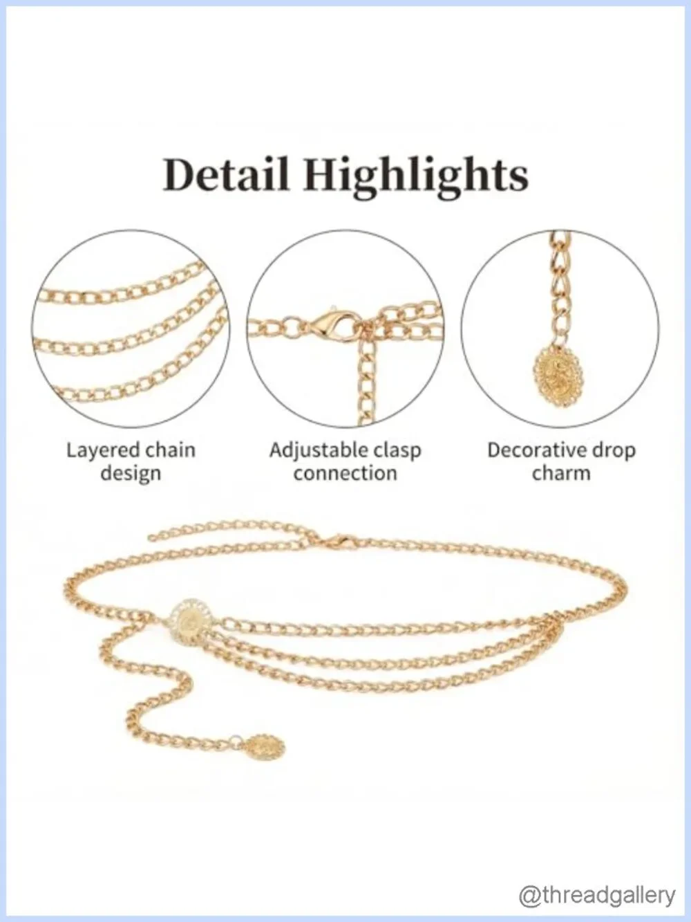 Layered Waist Chain Belt Adjustable Gold-Tone Metal 41 in for Dresses Skirts